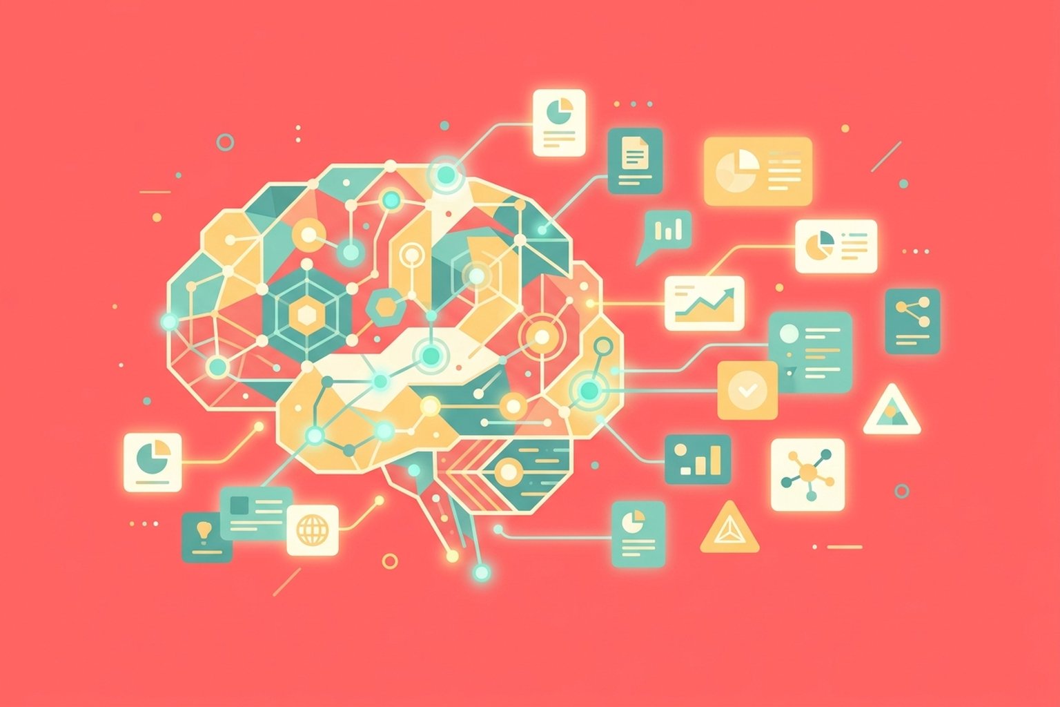 Abstract flat-design illustration of interconnected geometric nodes representing AI agent memory on a coral pink background