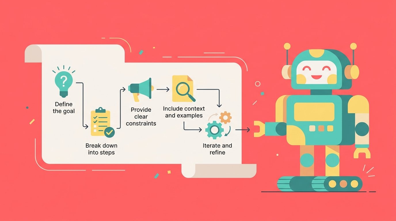 Flat design illustration of an instruction checklist flowing toward a friendly robot, representing clear AI agent prompt engineering