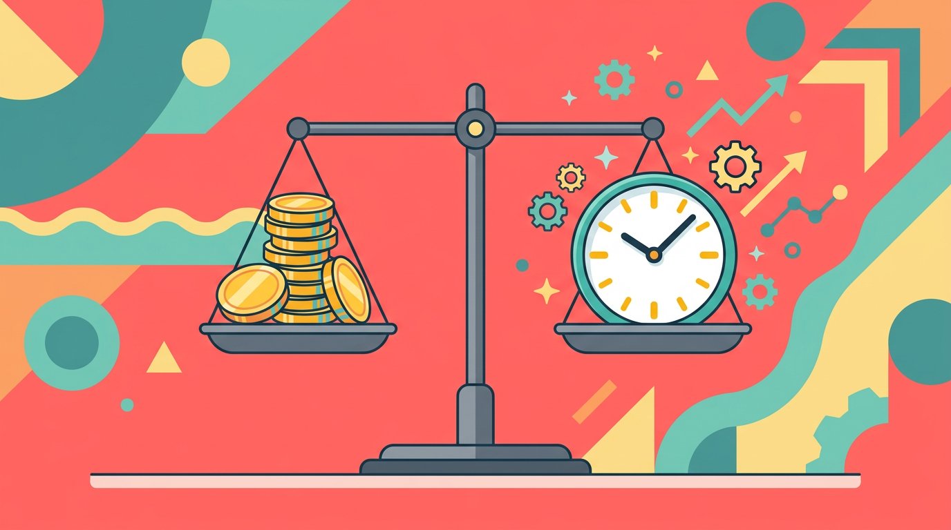 A flat-design illustration showing a balance scale with coins on one side and a clock on the other, representing the cost vs. savings of AI agents