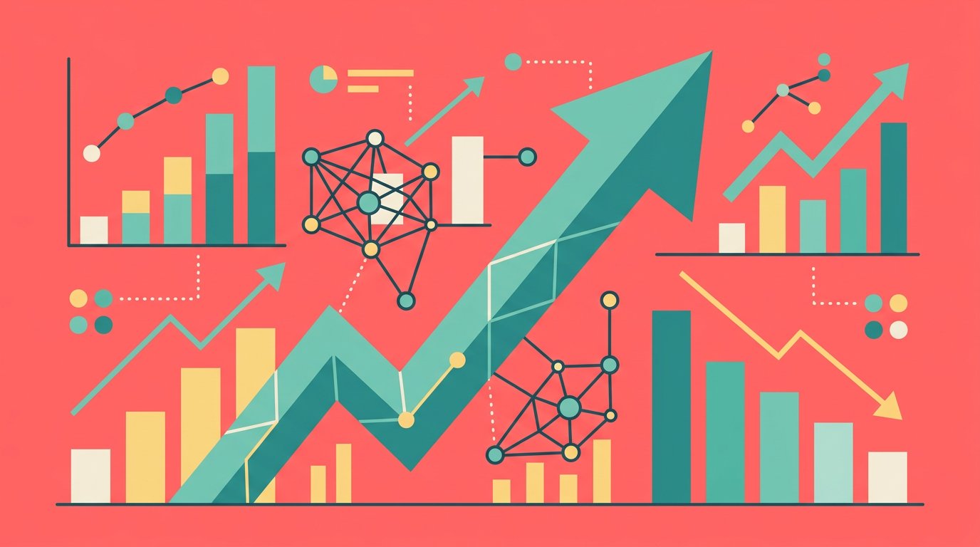 A flat-design illustration representing AI agent ROI measurement with geometric charts and shapes on a coral pink background
