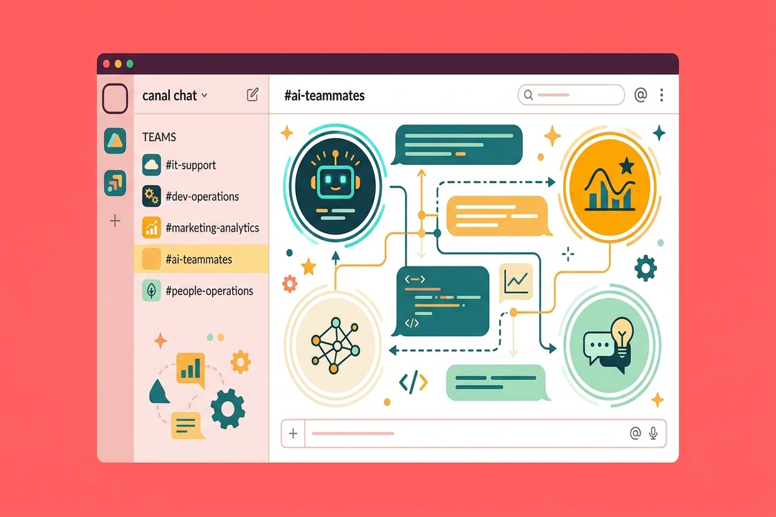 Flat design illustration showing distinct AI agent avatar bubbles in a stylized chat workspace interface