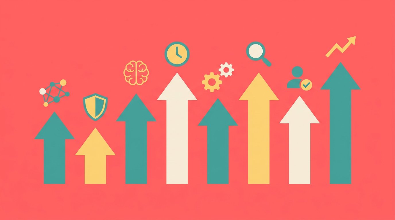Flat design illustration showing eight upward-pointing trend arrows with abstract icons on a coral pink background