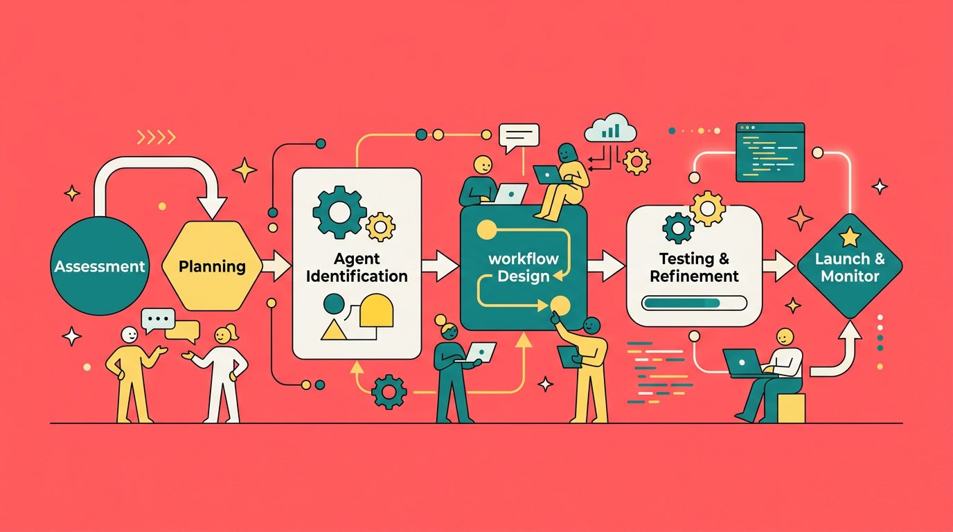 Flat design illustration of an AI agent workflow with interconnected geometric shapes on a coral pink background