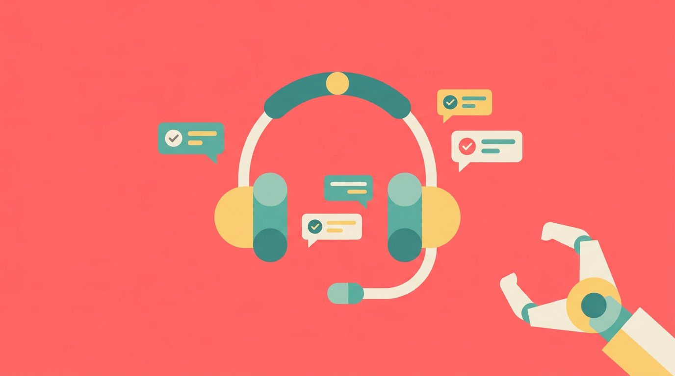 A flat-design illustration showing a geometric headset shape surrounded by message bubbles and checkmark icons on a bold coral pink background, representing AI-powered customer support