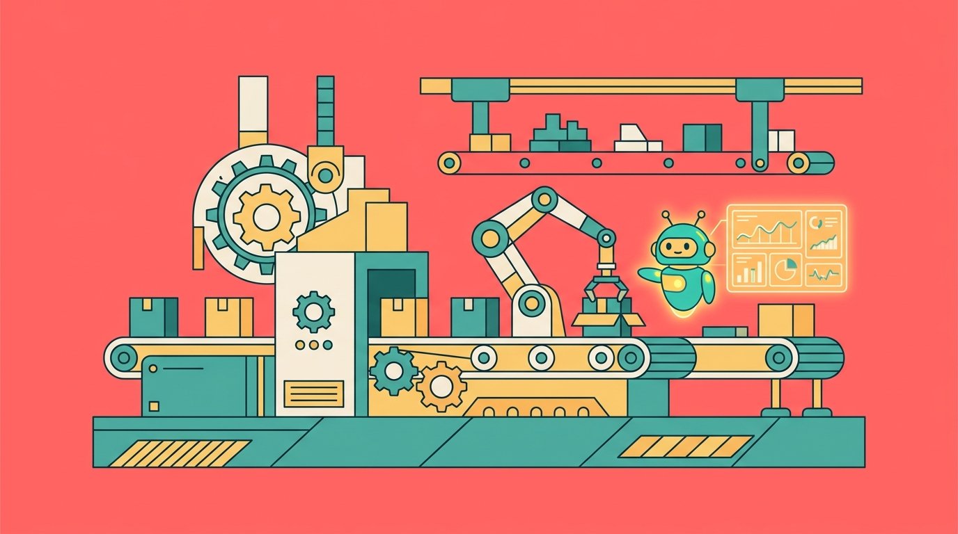 Flat-design illustration of a factory assembly line with a robotic arm and AI monitoring dashboard, coral pink background