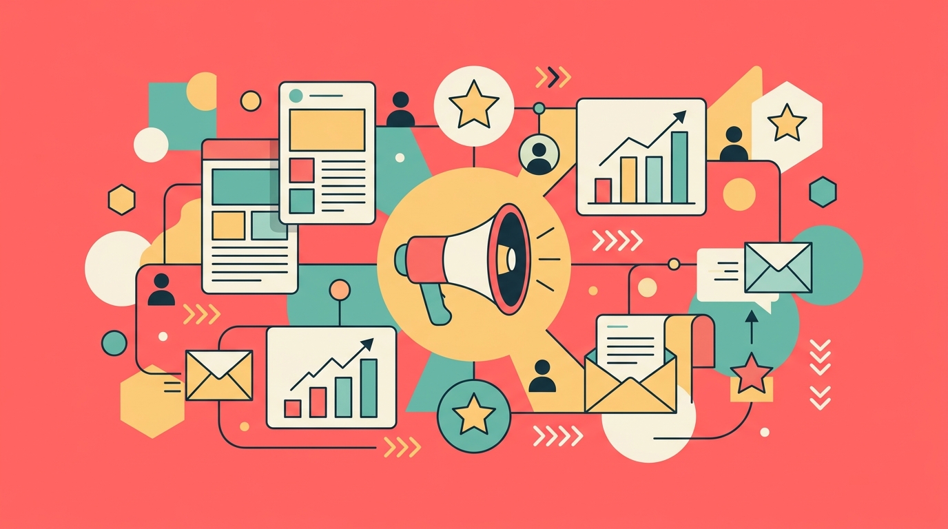 Flat design illustration showing marketing icons including a megaphone, charts, and content symbols on a coral pink background, representing AI agents for marketing teams