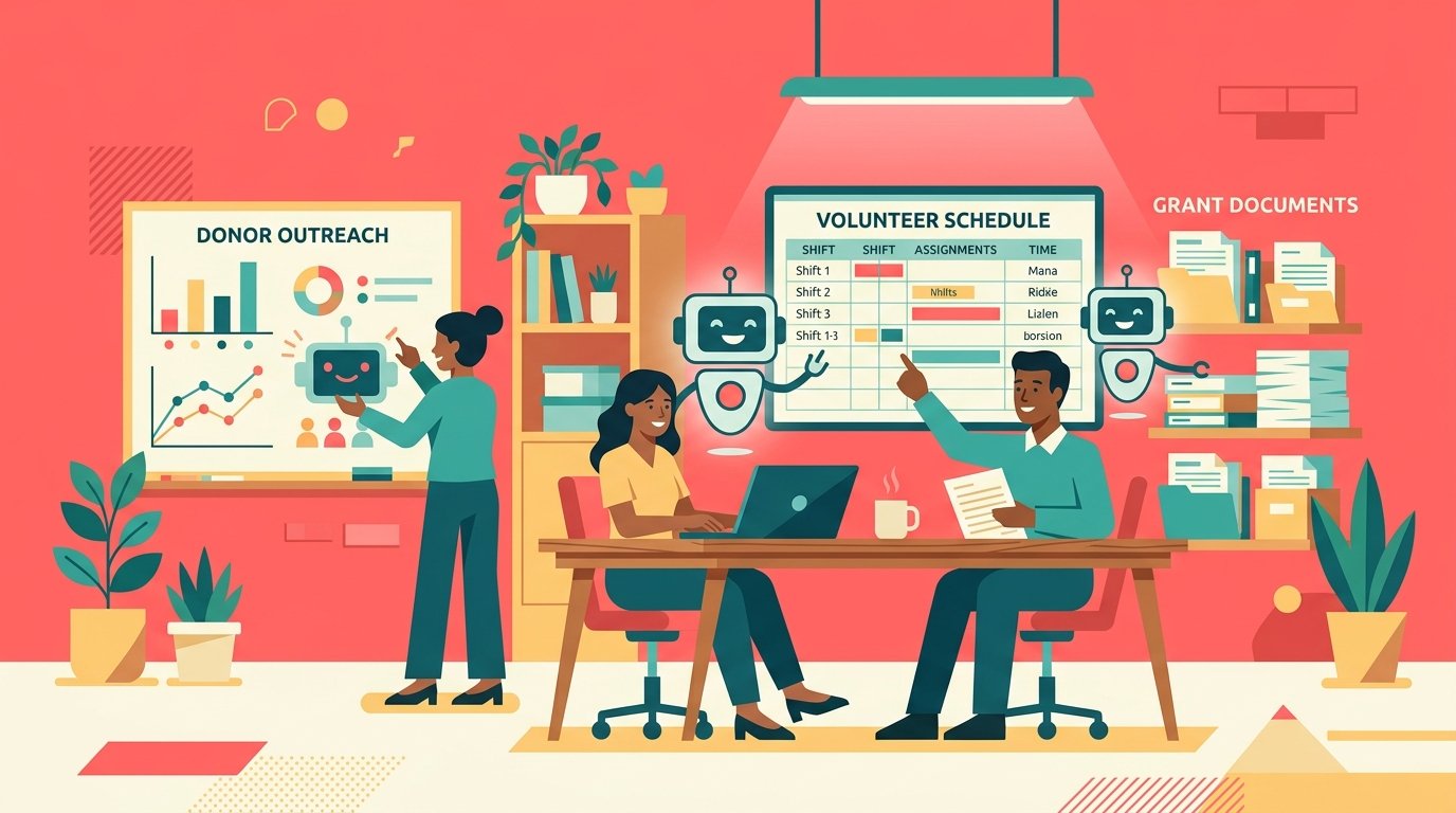 Flat-design illustration of a nonprofit office scene with a friendly AI helper icon assisting with donor outreach, volunteer scheduling, and grant documents, coral pink background