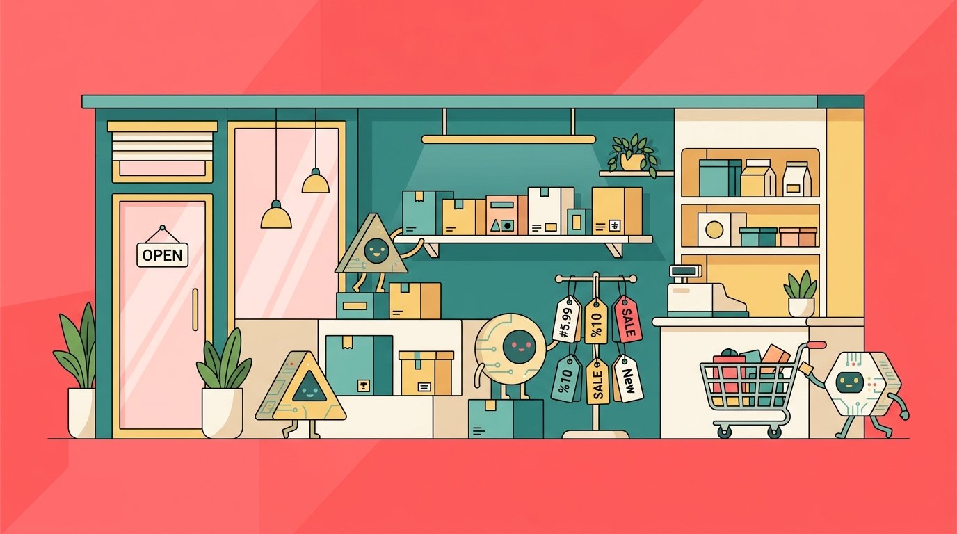 Flat-design illustration of AI agents helping organize retail inventory and storefront operations