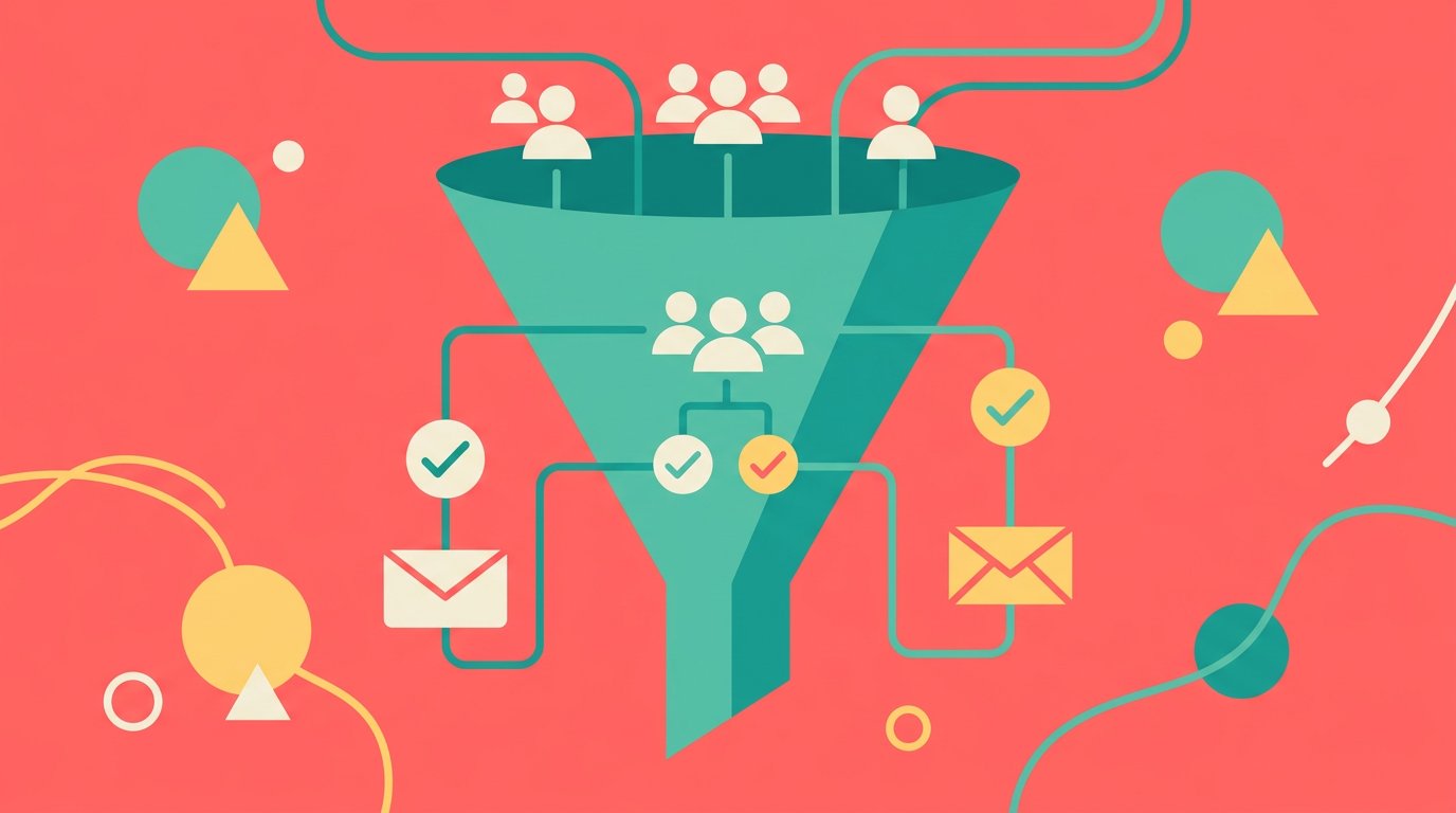 Flat design illustration showing a sales funnel with person silhouettes, envelope icons, and checkmarks on a coral pink background