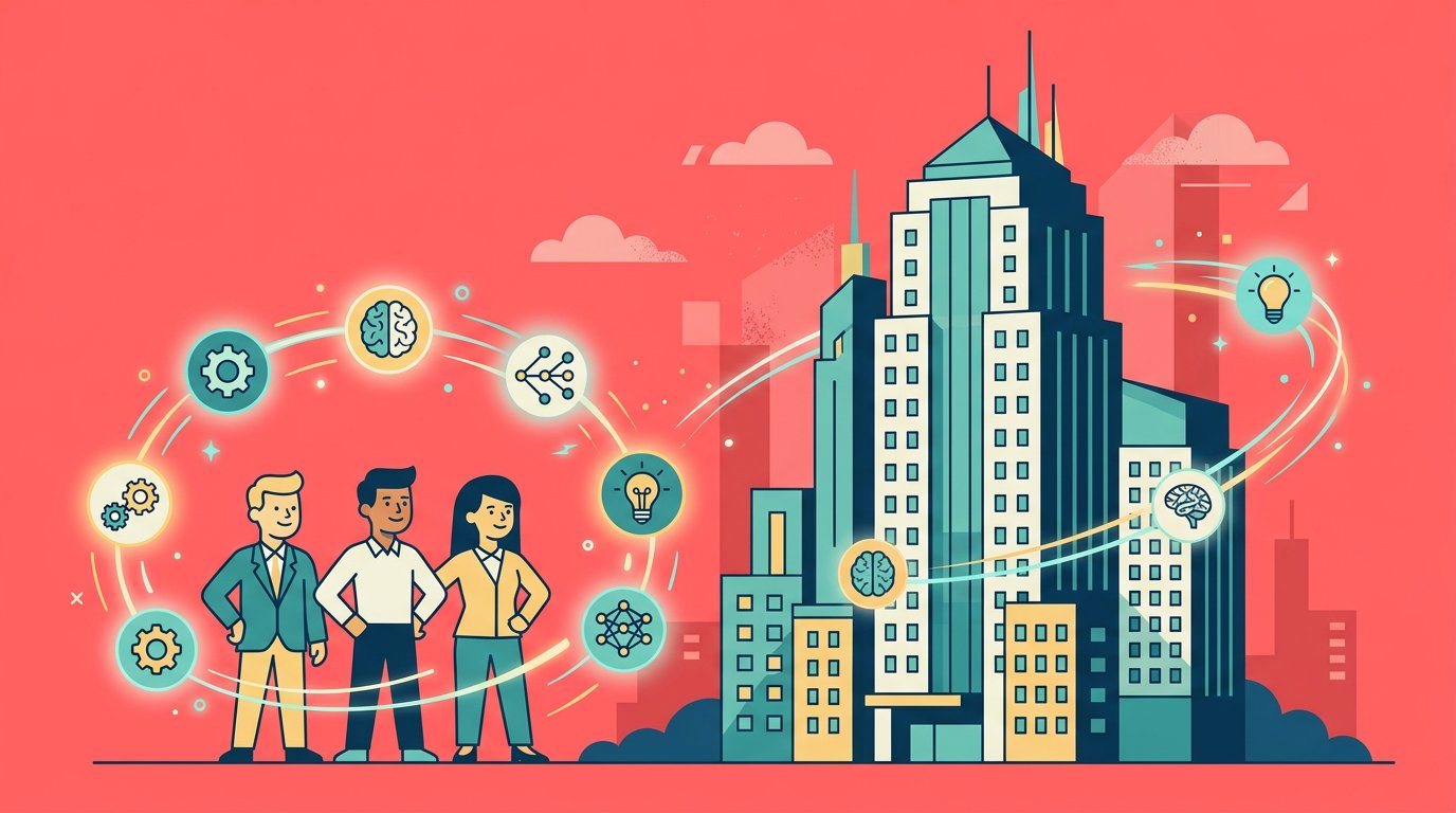 Flat-design illustration of a small team powered by AI agents competing with enterprise