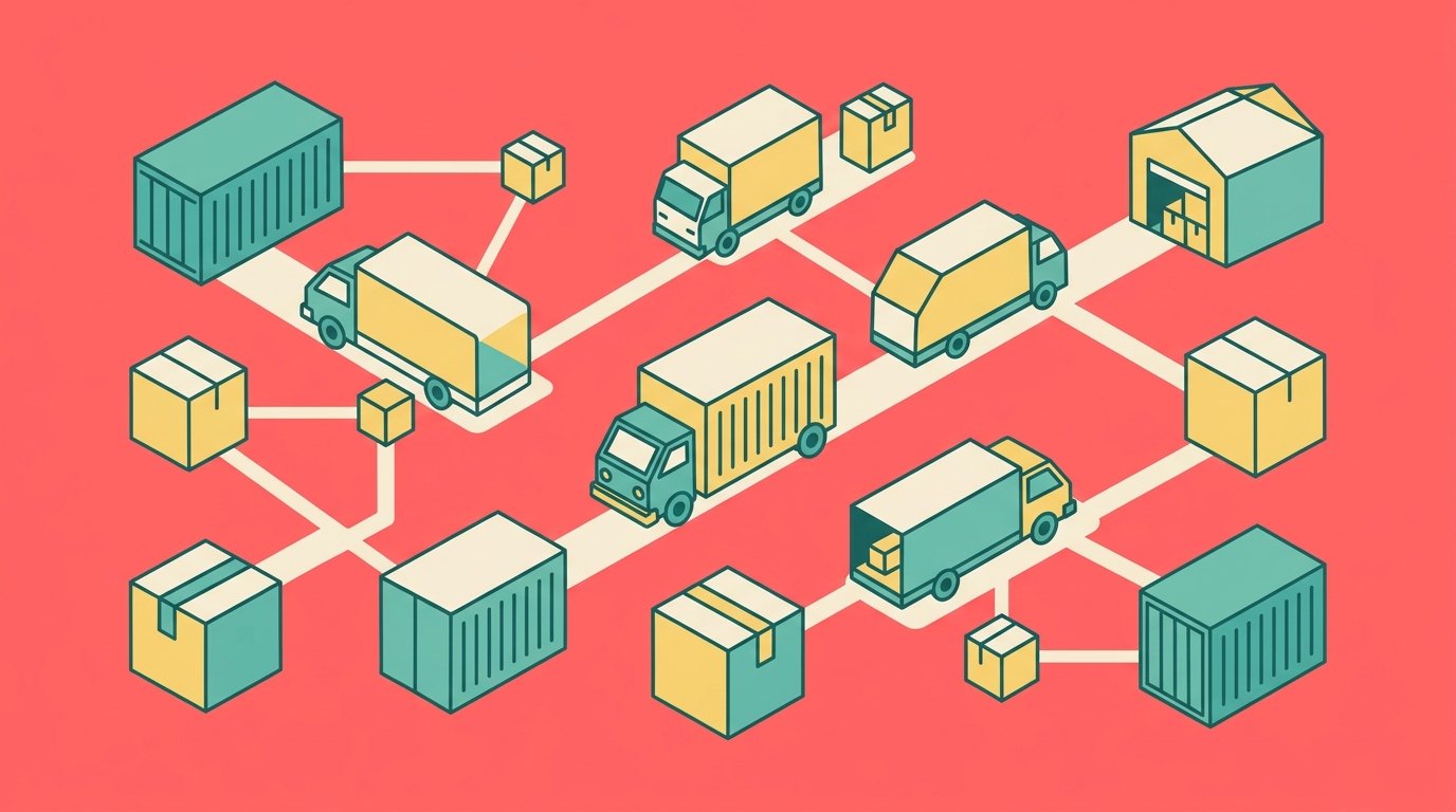 Flat-design illustration of interconnected shipping containers, delivery trucks, and warehouse boxes representing AI agents automating supply chain operations