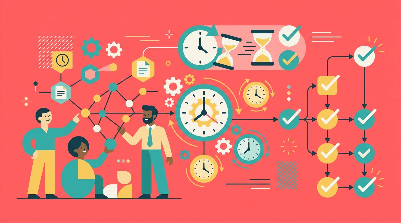 Flat design illustration of connected nodes, clocks, and checkmarks on a coral pink background representing AI agent productivity