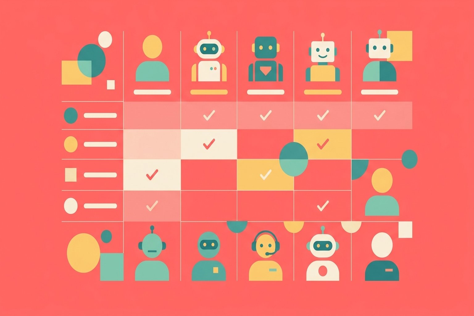 Colorful flat-design illustration showing multiple AI agent platform icons in a comparison grid on a coral pink background