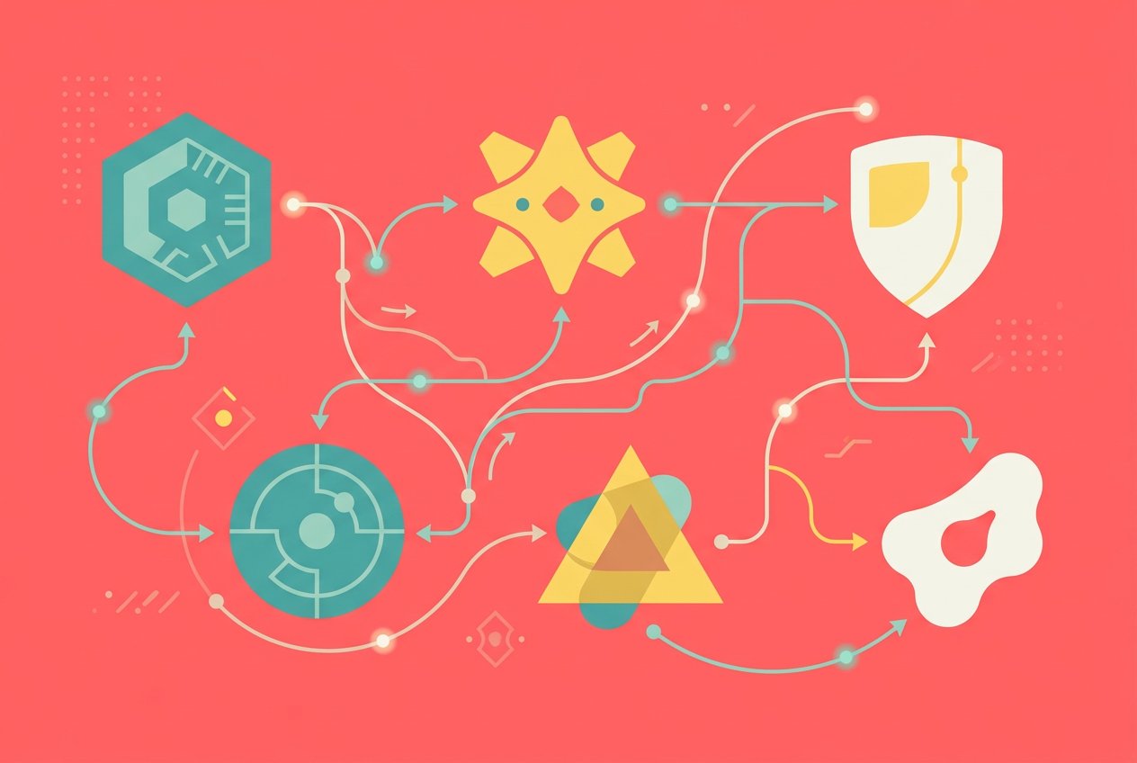 Flat design illustration of multiple AI agents connected by coordination lines on a coral pink background