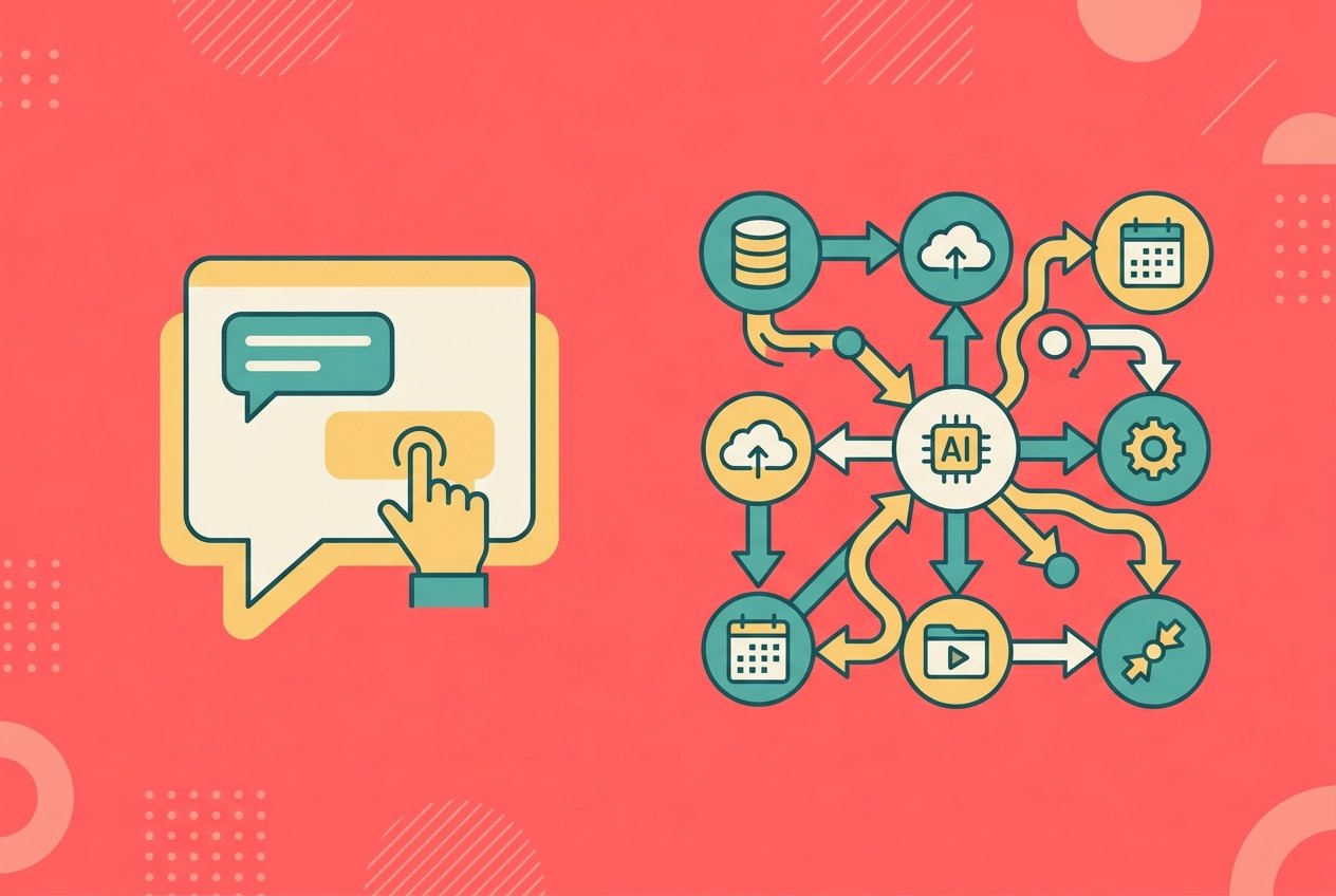Flat design illustration showing a chatbot speech bubble on the left and an AI agent action network on the right, on a coral pink background