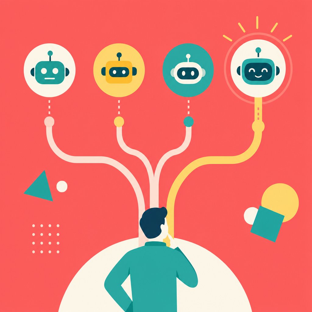 Flat-design illustration of multiple AI agent paths with one highlighted, on a coral pink background