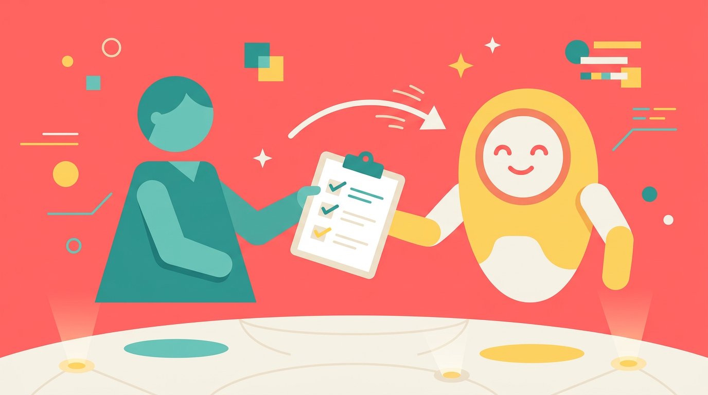 Flat design illustration showing task delegation workflow with geometric shapes on coral pink background