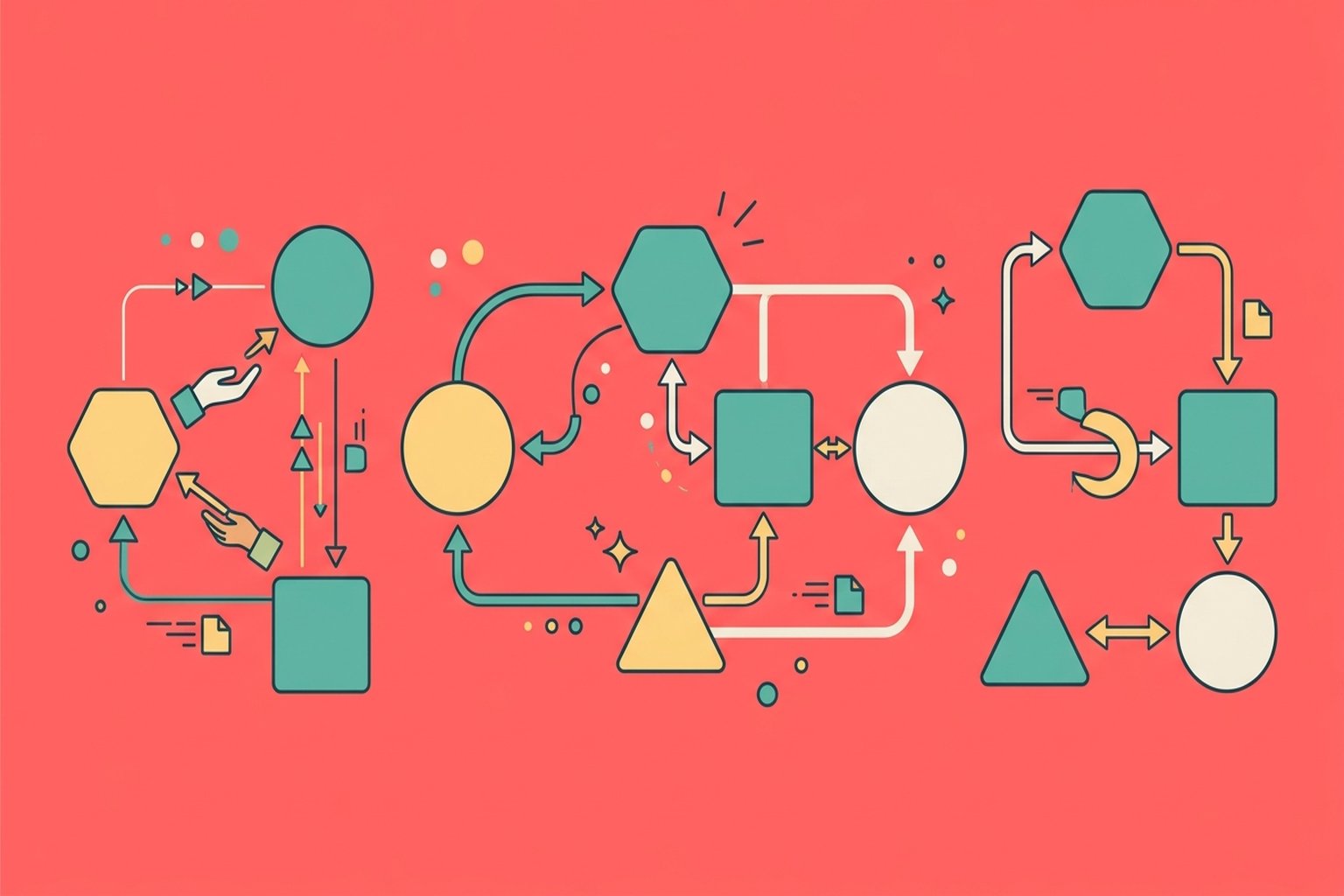 Abstract flat-design illustration showing multiple geometric agent shapes connected by lines and arrows, representing multi-agent AI coordination
