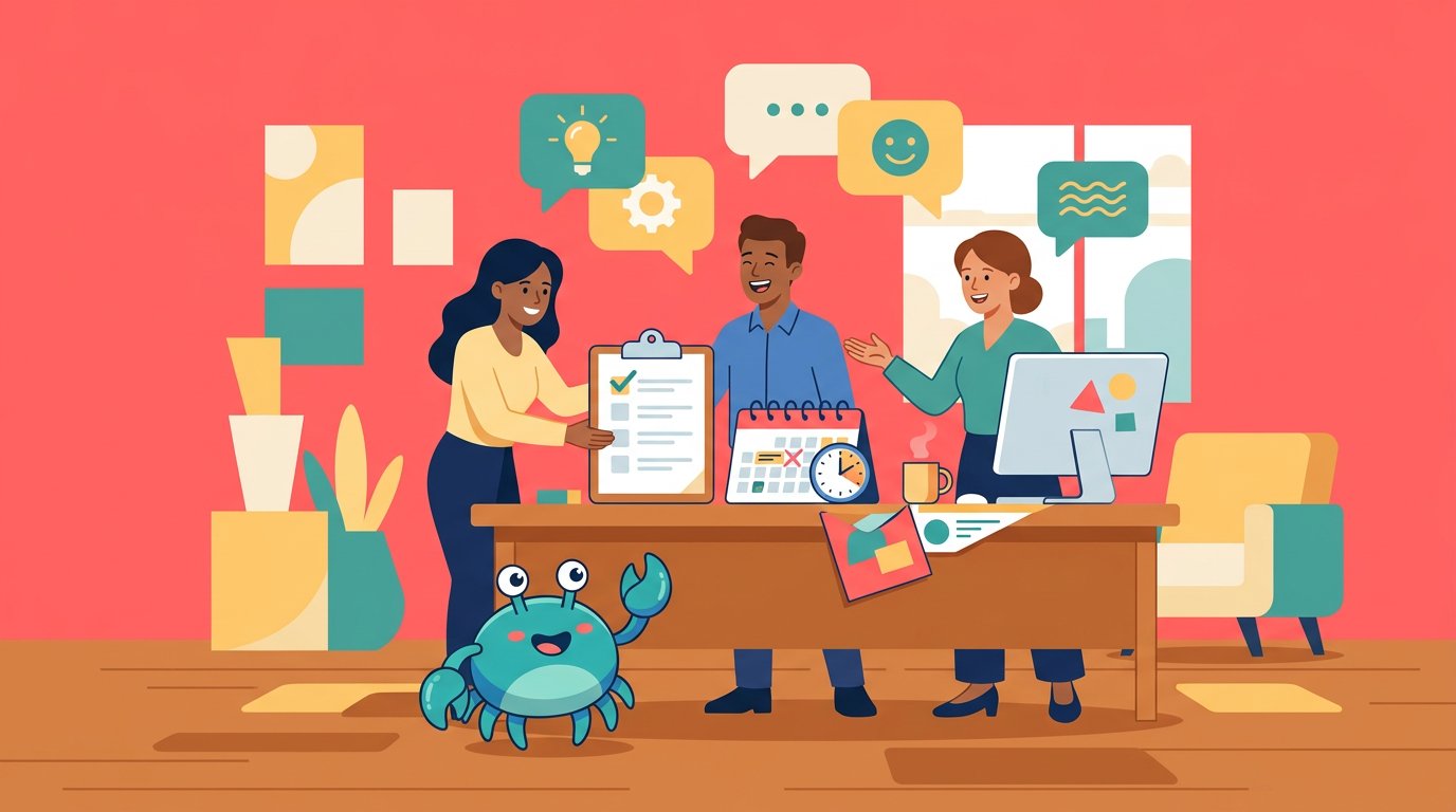 Flat-design illustration of a friendly AI agent character being welcomed by a team with checklists and chat bubbles on a coral pink background