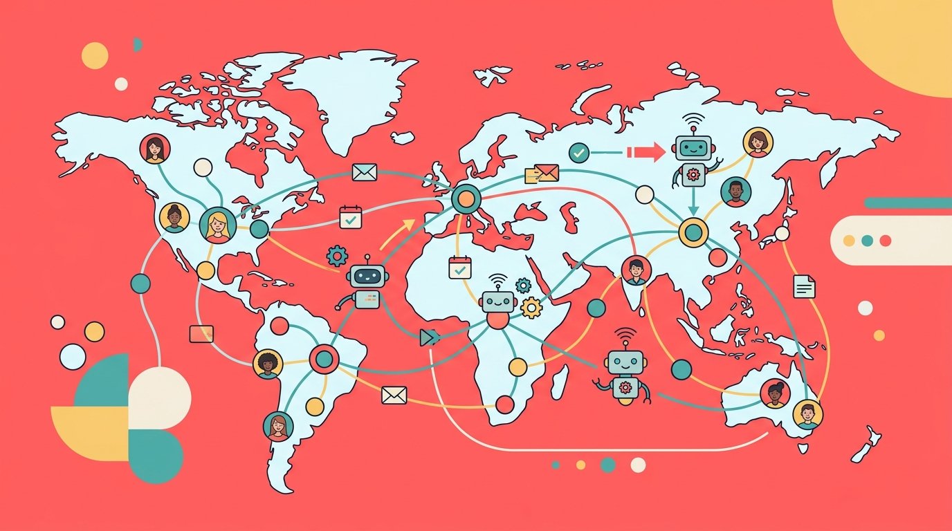 Flat design illustration of a global team network with AI agent nodes connecting distributed team members across a world map