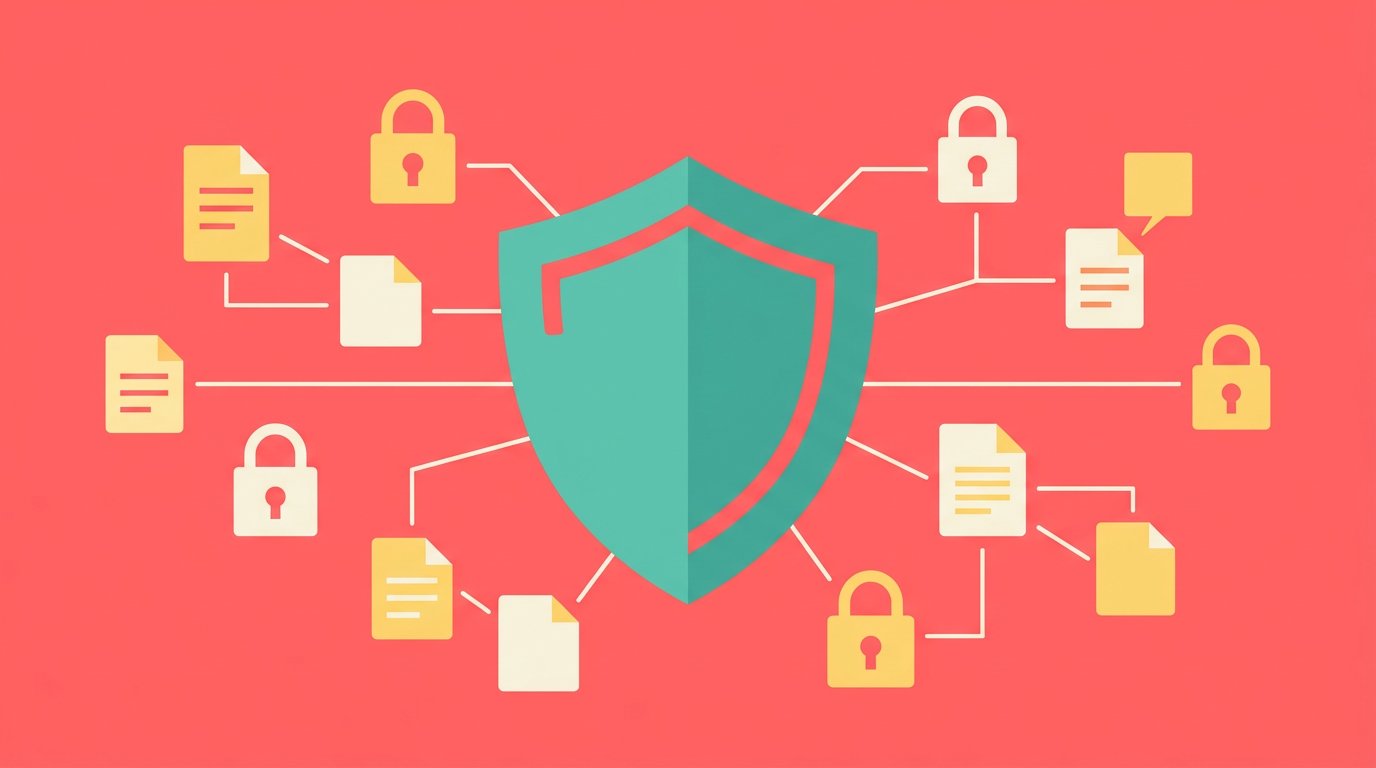 Flat design illustration of a shield and security icons on a coral pink background representing SOC 2 compliance for AI agents