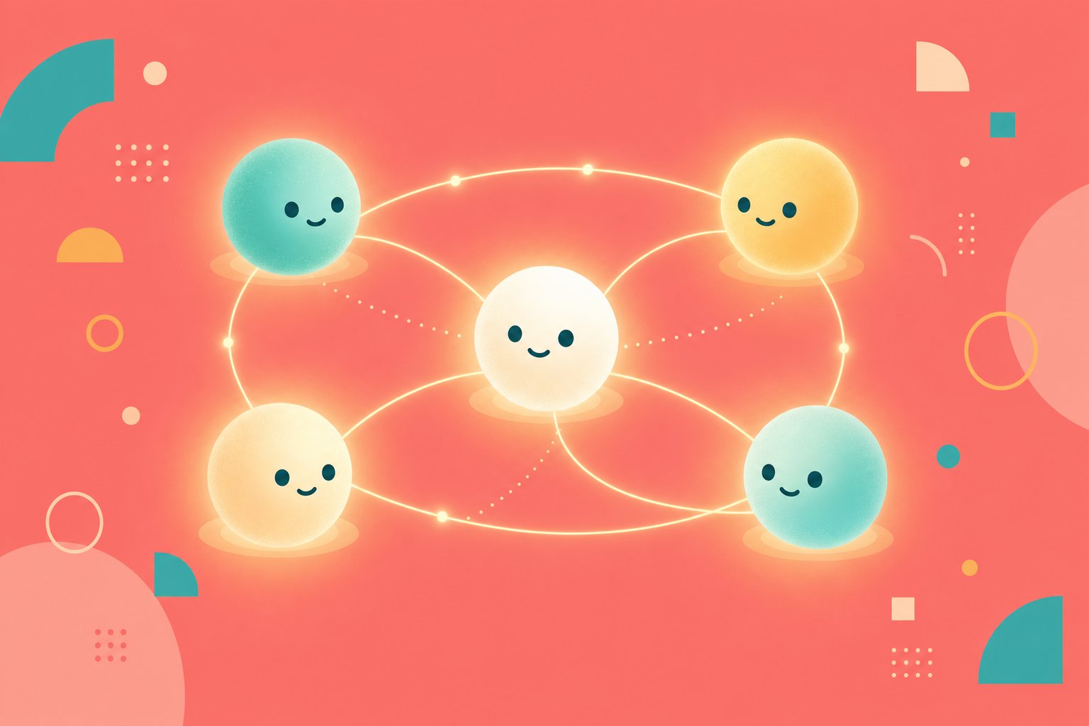 A team of friendly AI agents connected by glowing lines on a coral pink background