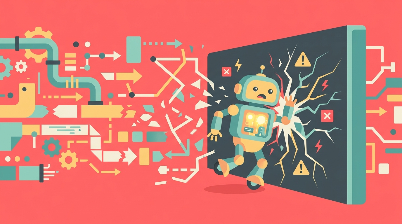 Flat design illustration of an AI agent hitting a wall, representing production failure, on coral pink background