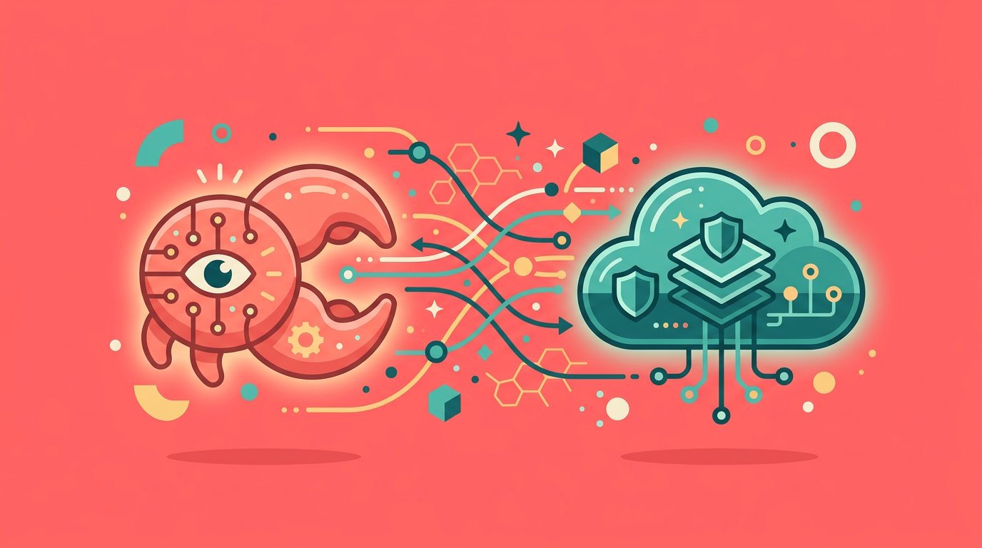 Flat design illustration comparing WorkClaw and Salesforce Agentforce AI platforms with geometric shapes on coral pink background