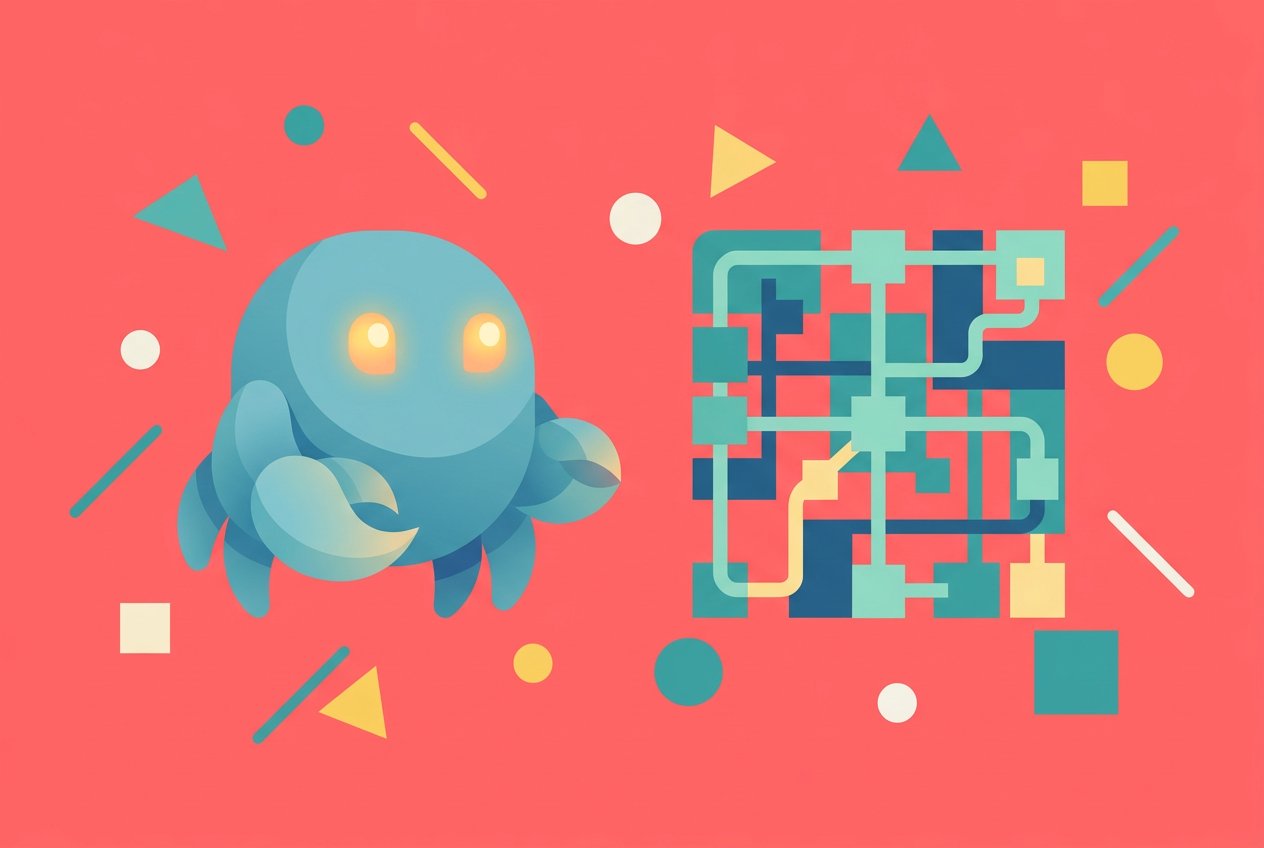 Flat design illustration comparing WorkClaw and CrewAI on a coral pink background with geometric shapes