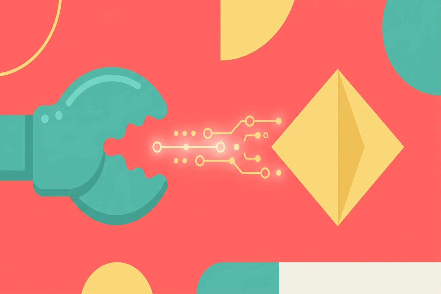 Flat design illustration comparing WorkClaw and Hyperagent AI platforms, with a teal claw and yellow diamond shape on a coral pink background