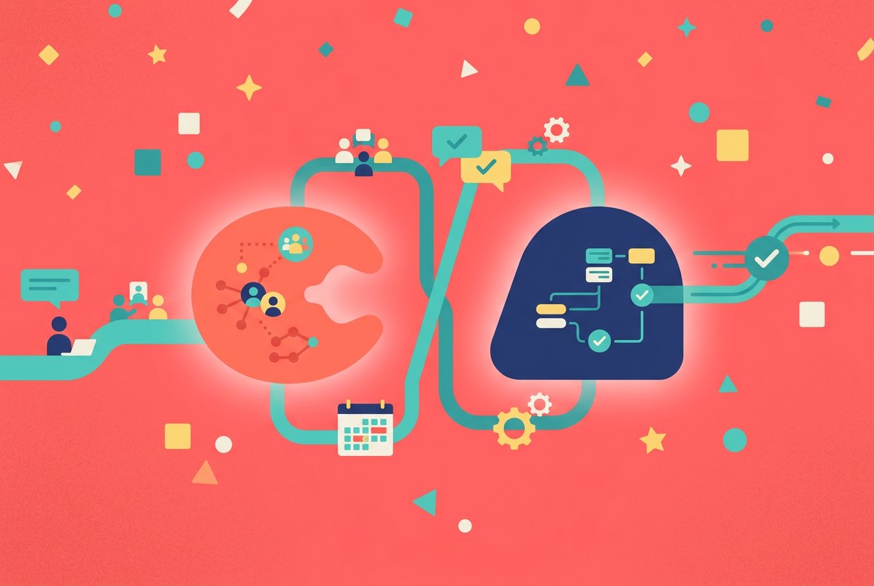 WorkClaw vs Lindy AI comparison illustration — two abstract shapes representing the two platforms connected by teal workflow lines on a coral pink background