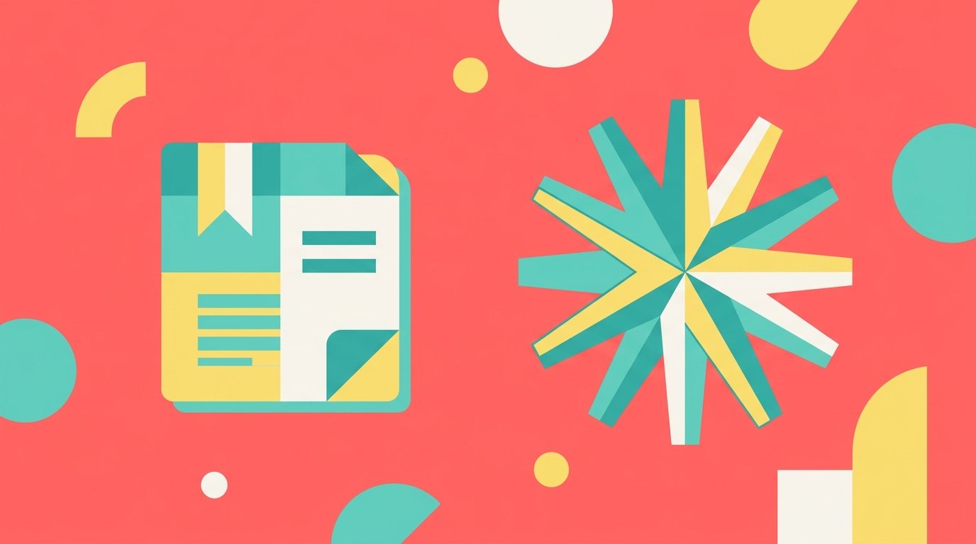 Abstract flat design illustration comparing a document icon and an active AI agent star shape on a coral pink background