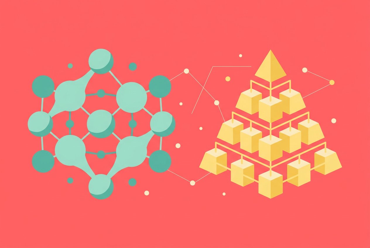 Flat-design illustration of two AI agent platform concepts facing each other on a coral pink background
