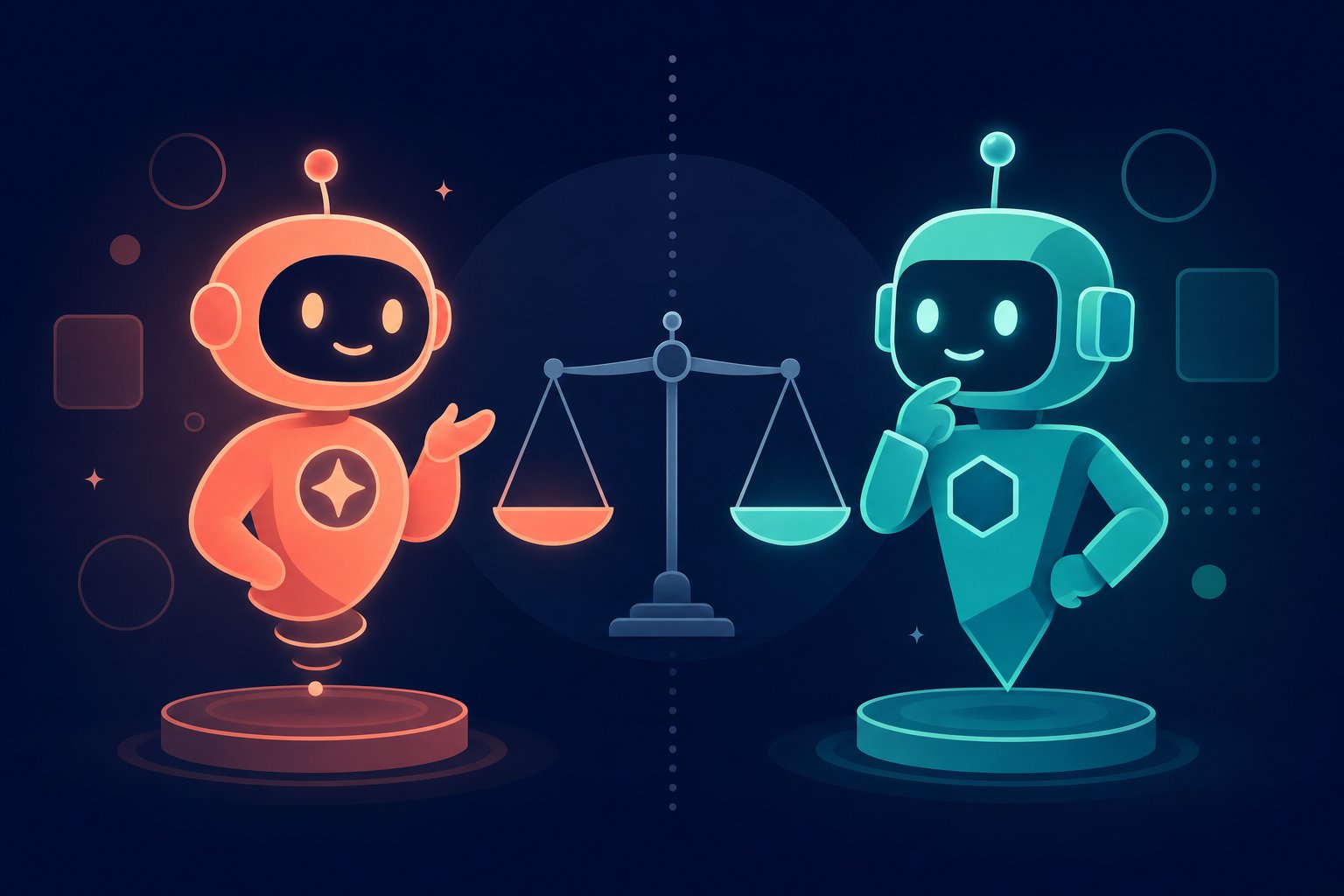 Two AI agent characters side by side on a navy background, a comparison illustration