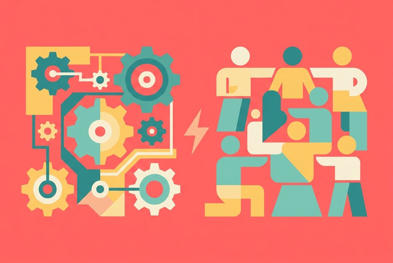 Flat design illustration comparing workflow automation gears with AI teammate figures on a coral pink background